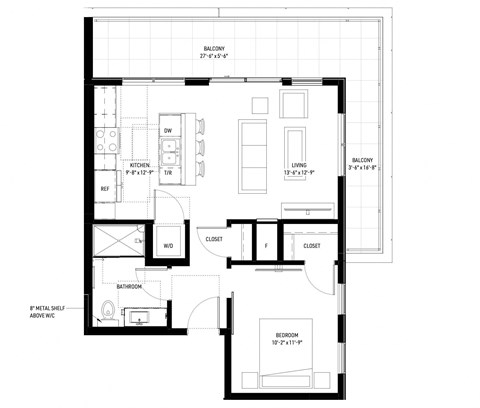 Floor plan for 1 bed, 1 bath, 650 sqft